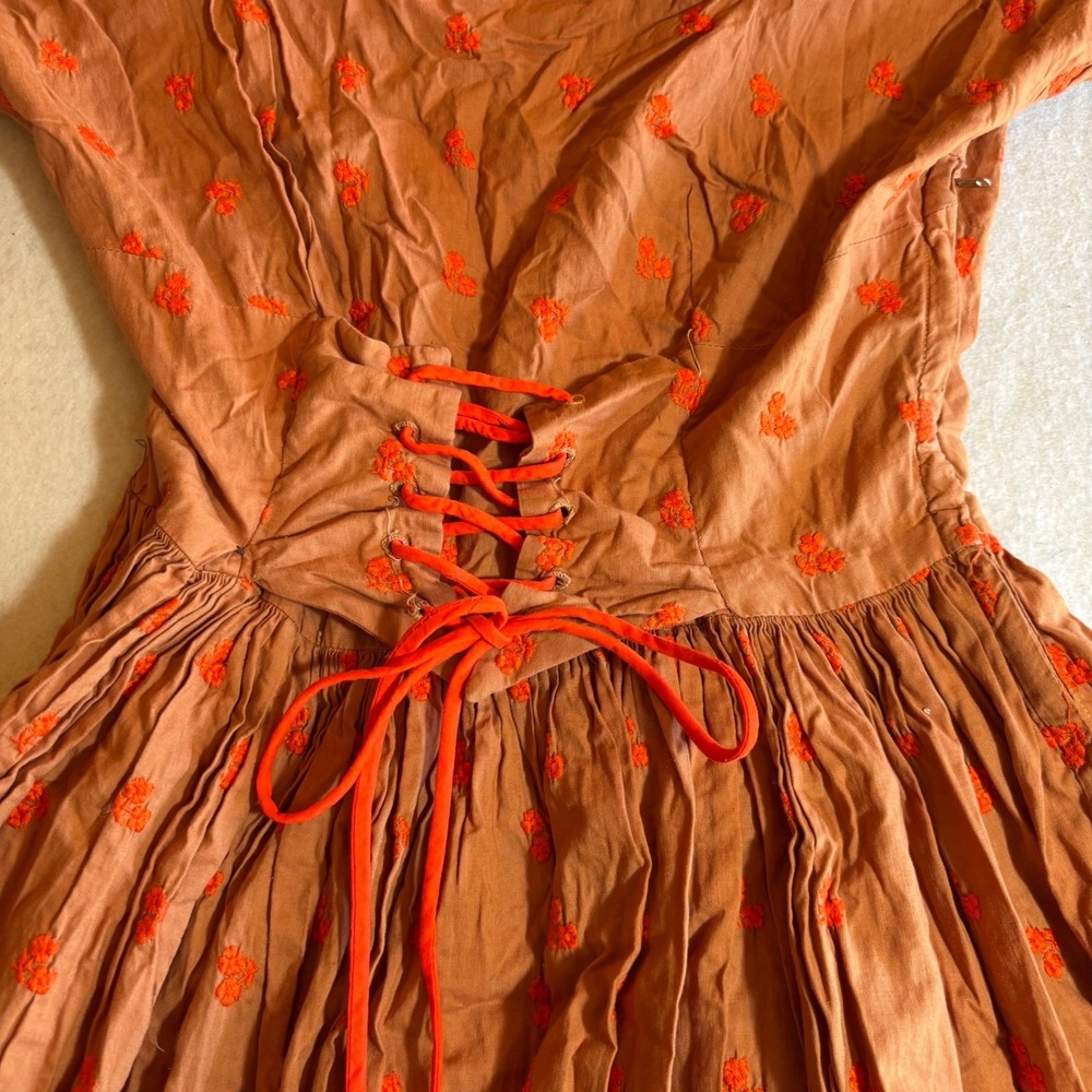 VTG Jonathan Logan Brown Orange Floral Embroidered Corset Tie Maxi Dress‎ XS 50s - Picture 2 of 11